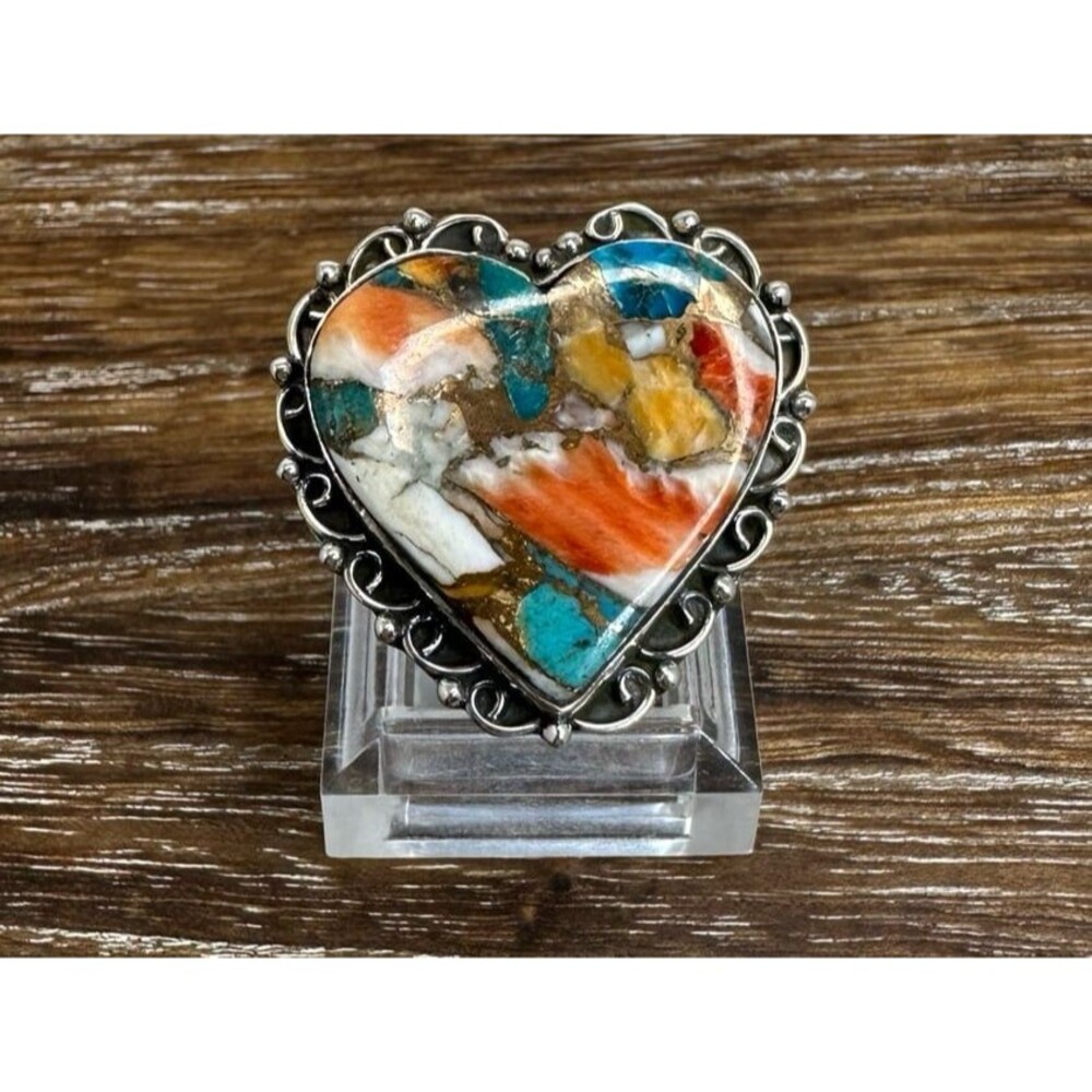 Native Southwest Style Sterling Silver Spiny Oyster Heart Ring Sz 8.25